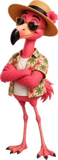 Loco, le flamant rose mascotte de Résa-Loc, en chemise hawaïenne
